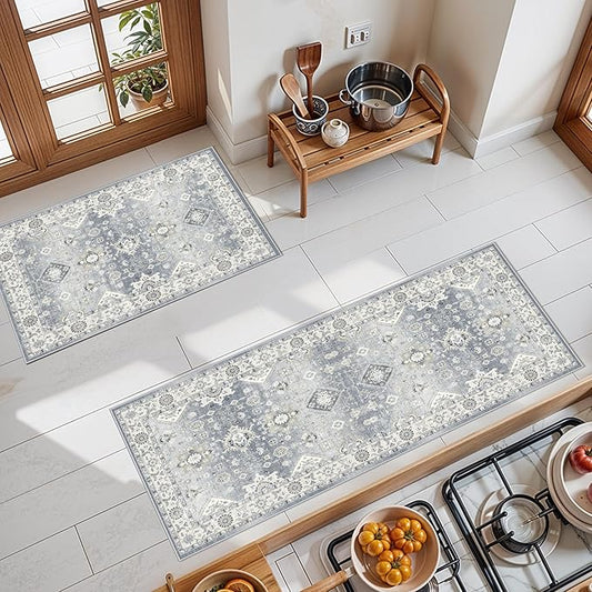 2-Piece Kitchen Runner Rug Set: Washable Non-Slip Hardwood Stove Dishwasher Floor Mat Soft Stain Resistant Carpet for Sink Cooking Area & Fridge Boho Home Decor for High Traffic Area(2x3+2x4,Grey)