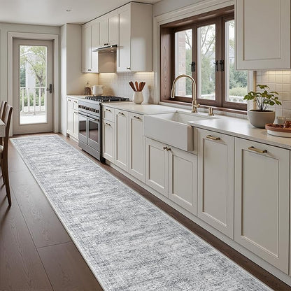 Washable Runner Rug 2.5x14, Non-Slip Long Hallway Runner for Entryway, Soft Vintage Kitchen Mats for Floor, Abstract Dining Room, Bedroom, Living Room Rugs(2.5'x14', Grey/Ivory)