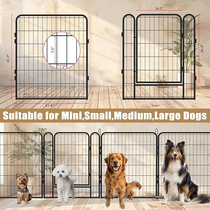 Dog Playpen Indoor - Pet Fence Puppy Exercise Pen for Yard Gate 6/8/12/16Panel Heavy Duty Crates with Doors Metal Dog Pen for Camping Outdoor (Black 8 Panels, 31.7''H)