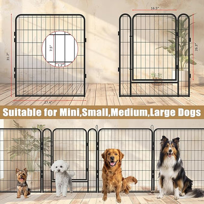 Dog Playpen Indoor - Pet Fence Puppy Exercise Pen for Yard Gate 6/8/12/16Panel Heavy Duty Crates with Doors Metal Dog Pen for Camping Outdoor (Black 8 Panels, 31.7''H)