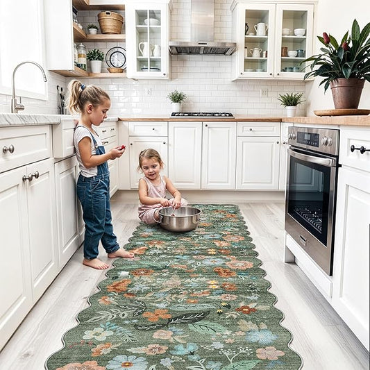 Washable 2x8 Hallway Runner Rug: Water-Resistant Kitchen Rug Soft Bedroom Carpet Non-Slip Indoor Hardwood Floor Mat for Entryway Bathroom Dining Room Boho Decorative Home Decor(2x8, Floral/Green)