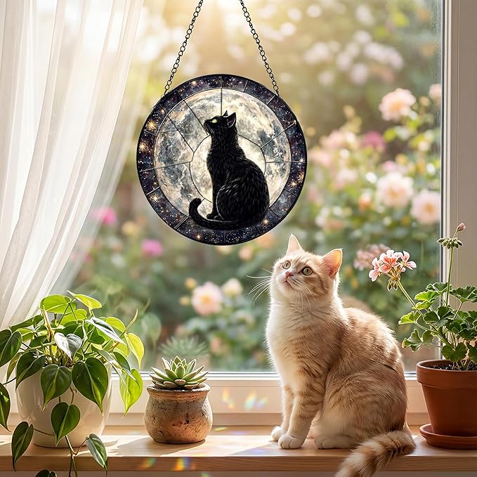 Sanwarm Stained Glass Window Hanging, Black Cat Moon Galaxy Suncatcher Window Decor for Indoor Home Sun Catcher Ornament, Mother’s Day & Birthday Gift for Women, Men, Mom & Nana, 7.8 in