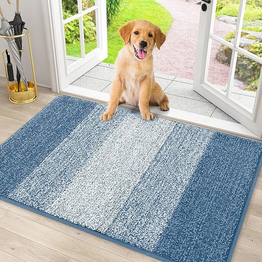 Smiry Dog Door Mat for Muddy Paws, Absorbs Moisture and Dirt, Low-Profile Entryway Mat with Non-Slip Backing, Entry Indoor Outdoor Doormat for Inside Floor (30x20 Inches, Light Blue, Striped)