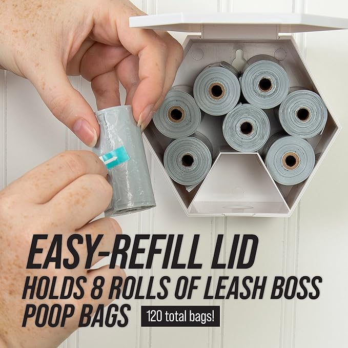 Leash Boss Dog Poop Bag Dispenser Wall Mount with Container for Extra Storage, Doggy Bag Holder for Pet Waste Stations, Includes 8 Rolls (120 Bags) of Unscented Pet Waste Bags