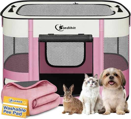 Dog Playpen,Cat Pet Puppy Pen,Portable Playpens for Dogs Indoor Outdoor Travel Camping Use,Foldable Dog Kennel Tent Crate for Rabbit Small Animals with Carrying Case (Pink with Pad, Small)