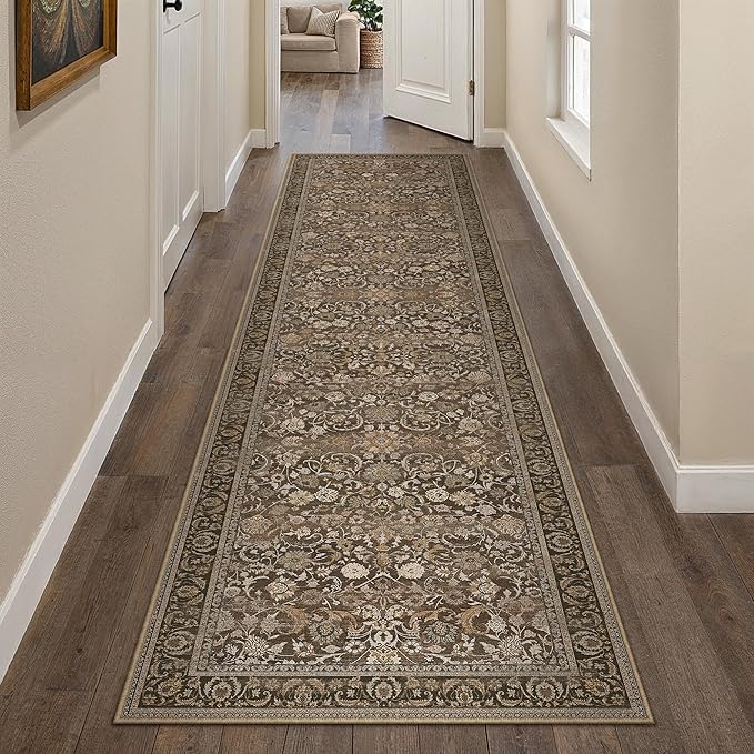 Brown Runner Rug 2x8 Washable Vintage Floral Long Carpet for Hallway Soft Low Pile Non Slip Indoor Accent Rug Retro Distressed Throw Rug for Bathroom Bedroom Laundry Dining Room