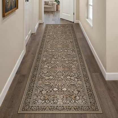 Brown Runner Rug 2x8 Washable Vintage Floral Long Carpet for Hallway Soft Low Pile Non Slip Indoor Accent Rug Retro Distressed Throw Rug for Bathroom Bedroom Laundry Dining Room