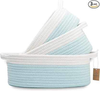 NaturalCozy 3-Piece Oval Storage Basket Set– Soft Natural Rope Woven Baskets for Storage Shelf, Toy, Nursery, Gift, Baby Shower, Pets Cat Dog Bins | Small Basket for Organizing (Off White Turquoise)