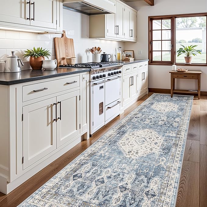 RUUGME Runner Rug 4x12 for Kitchen - Vintage Hallway Entryway Rugs Indoor Wide Non Slip Stain Resistant Carpet for Office Bedroom Ultra Soft Low Pile Home Decor Floor Mat 4'x12' Aqua Blue