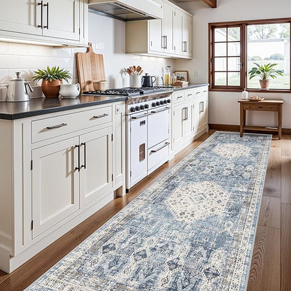 RUUGME Runner Rug 4x12 for Kitchen - Vintage Hallway Entryway Rugs Indoor Wide Non Slip Stain Resistant Carpet for Office Bedroom Ultra Soft Low Pile Home Decor Floor Mat 4'x12' Aqua Blue