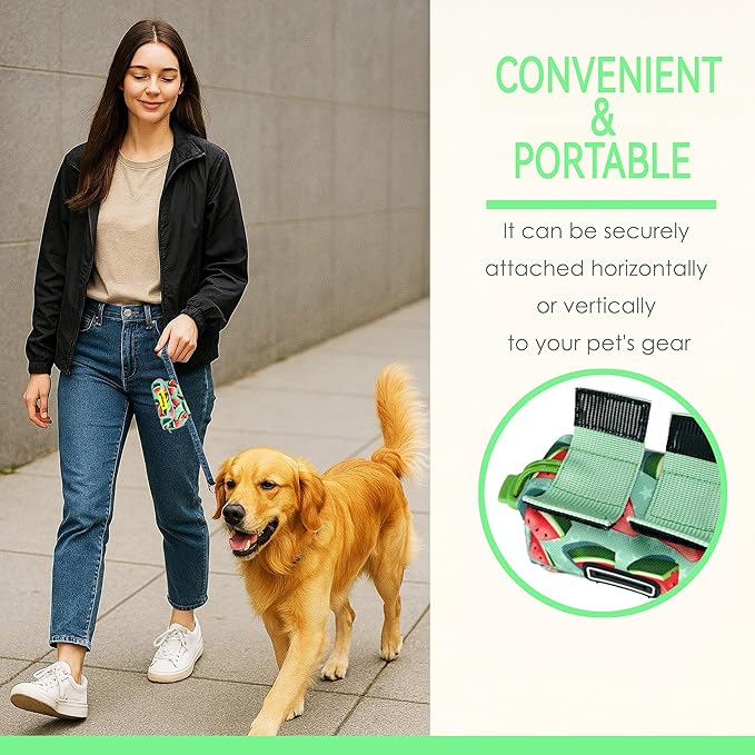 Dog Treat and Poop Bag Holder for Leash, 2 Waterproof Zipper Pouches for Pet Walking Accessories, with Dispenser, Training Clicker and 1 Free Roll (Watermelon)