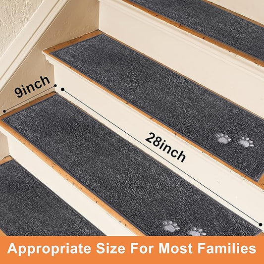 BEQHAUSE Stair Treads for Wooden Steps 28inX9in, Non Slip Carpet Stair Treads Indoor Stair Runners Machine Washable, Soft Stair Rugs Mat Surface Polyester TPE Backing, 4pcs, Charcoal