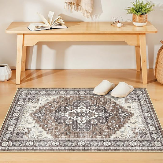 Washable Ktichen Area Rug 3x4: Indoor Runners for Bedroom Bathroom Non-Slip Soft Stain Resistan Carpet for Entryway Laundry Dining Room Vintage Home Decor for Small Living Room Nursery Room(3x4,Brown)