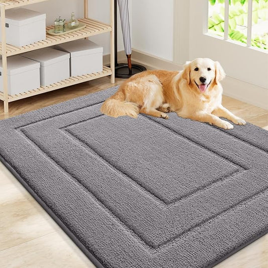 Smiry Dog Door Mat for Muddy Paws, Absorbs Moisture and Dirt, Low-Profile Entryway Mat with Non-Slip Backing, Entry Indoor Outdoor Doormat for Inside Floor (40x32 Inches, Grey, Bordered)