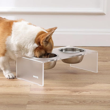 The LICKER Store DBL2000K Keaton 5" Small/Medium Modern Acrylic Rectangular Elevated Pet Feeder with 20oz 2-Stainless Steel Bowls, Moon White/Chrome