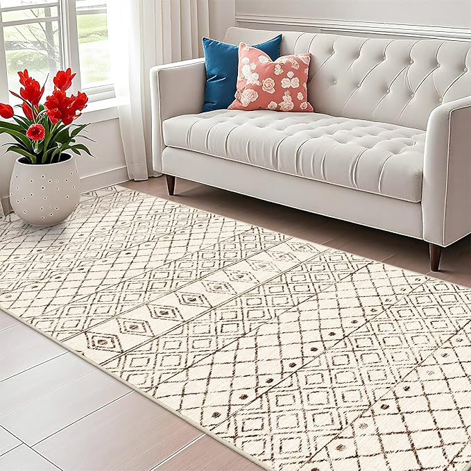 Washable 4x10 Runner Rug Hallway: Non Slip Moroccan Rugs - Modern Geometric Low Pile Soft Pets Friendly Runners - Indoor Thin Carpet for Kitchen Bedroom Entryway Laundry 4x10 Geo Beige
