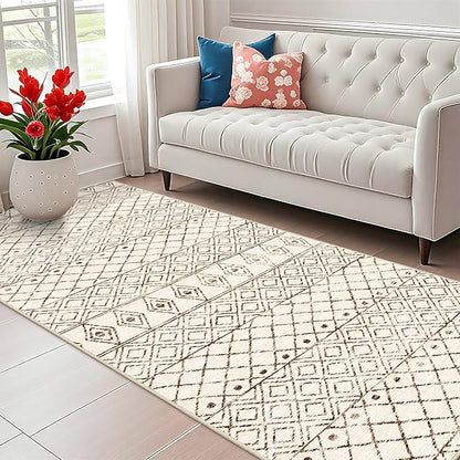 Washable 4x10 Runner Rug Hallway: Non Slip Moroccan Rugs - Modern Geometric Low Pile Soft Pets Friendly Runners - Indoor Thin Carpet for Kitchen Bedroom Entryway Laundry 4x10 Geo Beige