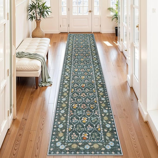 2.6x12 Kitchen Runner Rug Washable - Vintage Non Slip Hallway Rugs Low Pile Carpet for Bedroom Laundry Soft Indoor Floor Mat - Safe Durable Choice for Married Women with Kids & Pets 2’6x12 Green