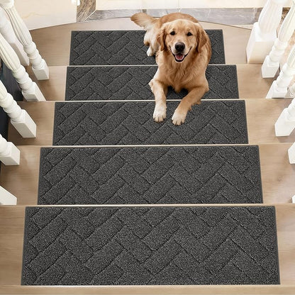 BEQHAUSE Edging Stair Treads for Wooden Steps 9" x 28", Non Slip Carpet Stair Treads Indoor Stair Runners, Soft Stair Rugs, Machine Washable, 100% Polyester, TPE Backing, 4pcs, Charcoal