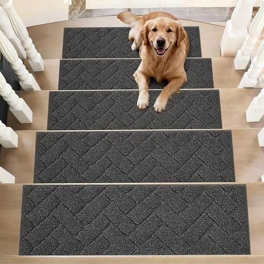 BEQHAUSE Edging Stair Treads for Wooden Steps 9" x 28", Non Slip Carpet Stair Treads Indoor Stair Runners, Soft Stair Rugs, Machine Washable, 100% Polyester, TPE Backing, 4pcs, Charcoal