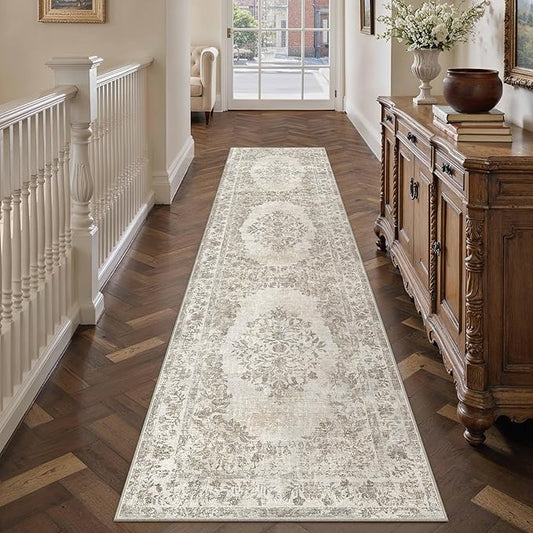 2'6"x10' Runner Rug Beige Washable Hallway Kitchen Bedroom Vintage Distressed Bathroom Non Slip Medallion Floral Carpet Indoor Retro Throw Floor Mat for Office Dining Laundry Living Room