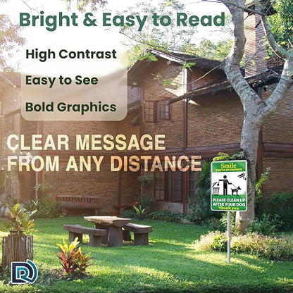 Clean Up After Your Dog Sign, Smile Youre on Camera Sign, 10 x 13 Inch Reflective Aluminum Outdoor Yard Sign with 28 Inch Metal Stake
