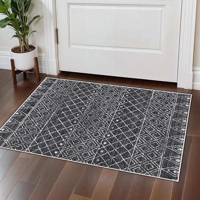 Washable 2x3 Entryway Area Rug: Moroccan Low Pile Small Rugs - Non Slip Farmhouse Thin Bathroom Carpet - Pet Friendly Indoor Floor Mat Front Door for Kitchen Bedroom 2x3 Black