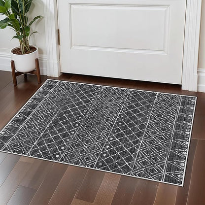 Washable 2x3 Entryway Area Rug: Moroccan Low Pile Small Rugs - Non Slip Farmhouse Thin Bathroom Carpet - Pet Friendly Indoor Floor Mat Front Door for Kitchen Bedroom 2x3 Black