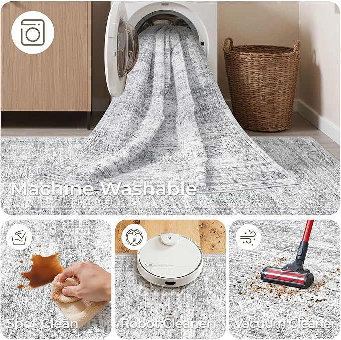 Washable Runner Rug 2.5x12, Non-Slip Long Bathroom Rugs Runner for Kitchen, Living Room, Bedroom, Soft Vintage Rug for Entryway, Thin Floor Mat for Dining Room(2.5'x12', Grey/Ivory)