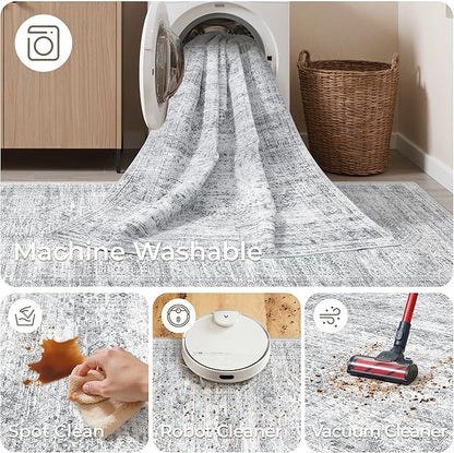 Washable Runner Rug 2.5x12, Non-Slip Long Bathroom Rugs Runner for Kitchen, Living Room, Bedroom, Soft Vintage Rug for Entryway, Thin Floor Mat for Dining Room(2.5'x12', Grey/Ivory)