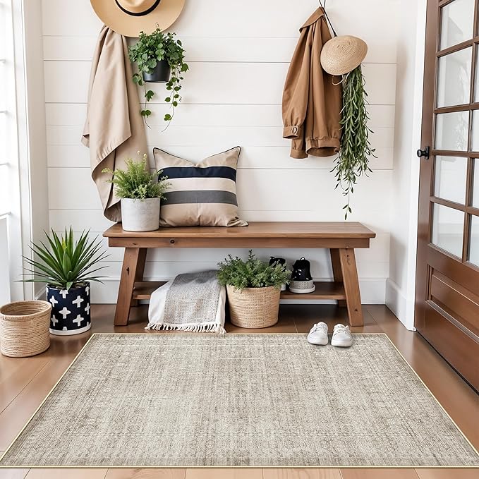 Washable 3x4 Entryway Area Rugs: Abstract Water-Resistant Kitchen Rug Indoor Low Pile Nursery Room Carpet Anti-Slip Netural Bathroom Runner Rug Small Soft Beside Floor Mat for Bedroom(3x4,Beige/ivory)
