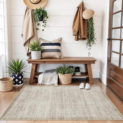 Washable 3x4 Entryway Area Rugs: Abstract Water-Resistant Kitchen Rug Indoor Low Pile Nursery Room Carpet Anti-Slip Netural Bathroom Runner Rug Small Soft Beside Floor Mat for Bedroom(3x4,Beige/ivory)