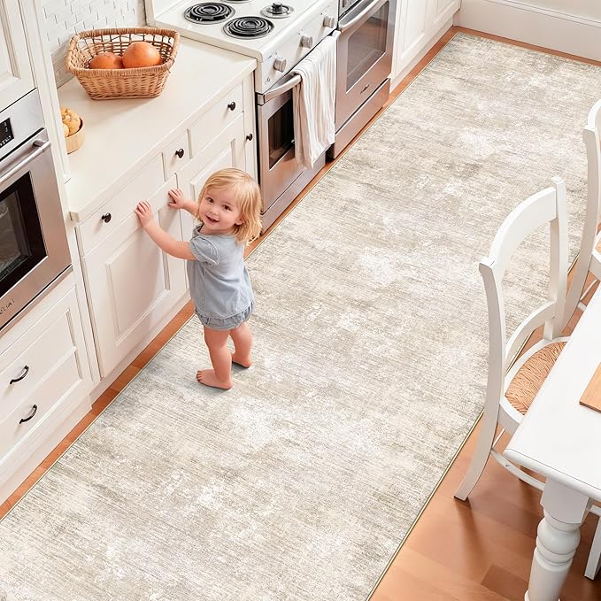 Washable Abstract Kitchen Runner Rug: Neutral Soft Carpet Runners for Hallway 12ft Stain-Resistant Entryway Bathroom Rug Modern Living Room Bedroom Floor Mat with Non Slip Backing(2'6x12',Warm/Beige)