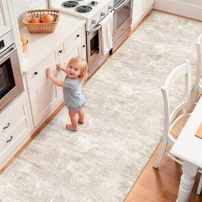 Washable Abstract Kitchen Runner Rug: Neutral Soft Carpet Runners for Hallway 12ft Stain-Resistant Entryway Bathroom Rug Modern Living Room Bedroom Floor Mat with Non Slip Backing(2'6x12',Warm/Beige)