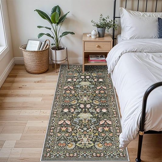 3x6 Washable Hallway Area Rugs: Vintage Floral Entryway Kitchen Runner Rug Ultra Soft Anti-Slip Beside Carpet Indoor Farmhouse Floor Mat for Bathroom Living Room Bedroom Durable Doormat(3x6,Green)