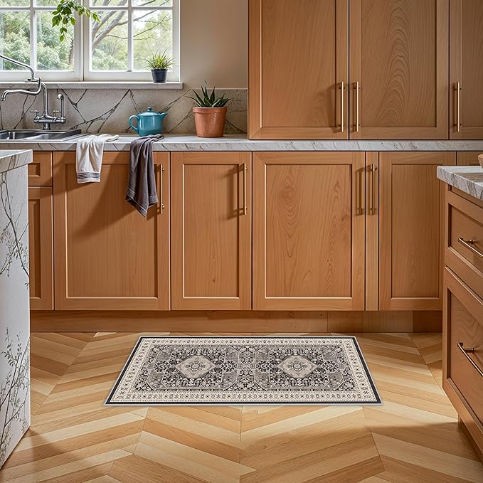 RUUGME Entryway Runner Rug 2x4 : Washable Non Slip Carpet for Kitchen Hallway Bedroom Stain Reistant Light Weight Rugs for Laundry Bathroom Ultra Soft Indoor Vintgae Home Decor Floor Mat 2'x4' Black