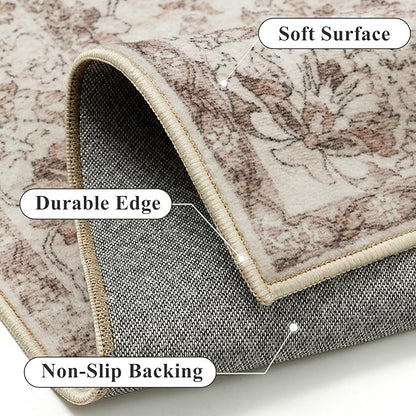 Washable Runner Rug 2x6 for Hallway Brown Vintage Long Carpet Soft Low Pile Non Slip Throw Rug Floral Distressed Accent Rug for Entryway Bathroom Office Laundry Dining Room