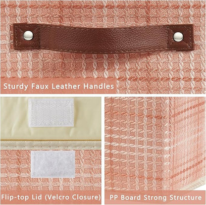 2PCS Storage Boxes with Lid 3D Textured Fabric Storage Bins Closet Organizer Containers Decorative Collapsible Washable Shelf Baskets with Faux Leather Handles (Light Salmon, Small Size)