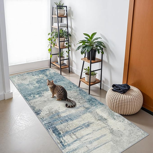 3x8 Runner Rug for Hallway - Washable Abstract Runners Non Slip Kitchen Rugs Low Pile Soft Indoor Floor Carpet Front Door for Bedroom Entryway Laundry 3x8 Blue