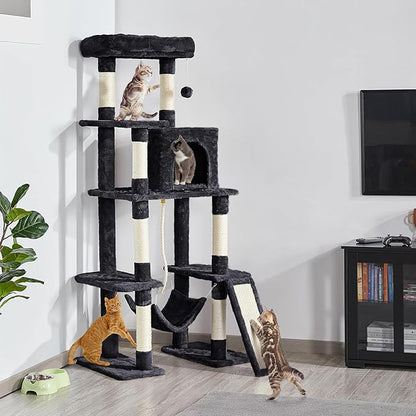 Topeakmart 63in Cat Tree, Large Cat Tower Furniture w/Cat Condo, Padded Platform & Sisal-Covered Scratching Post, Stable Cat Tower Pet Play House, Black
