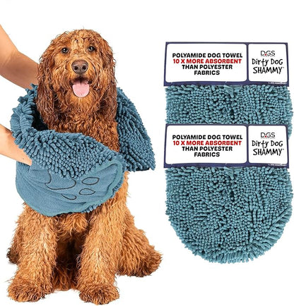 Dog Gone Smart The Dirty Dog Shammy - 2-Pack, Fast Drying Plush Shammy Towel with Dual Hand Pockets and Elastic - Super Absorbent Microfiber and Machine Washable - 31×13 in, Pacific Blue