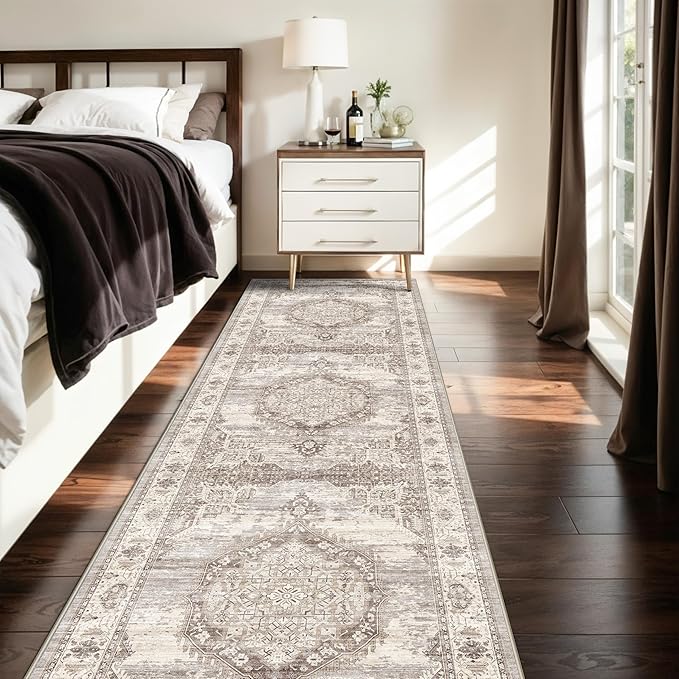 Washable 2x8 Hallway Area Rug: Vintage 8ft Water Resistant Soft Runner Rug for Entryway Kitchen Non-Slip Low Pile Carpet for Living Room Bedroom Thin Floor Mat for Bathroom Dining Room(Beige,2x8)