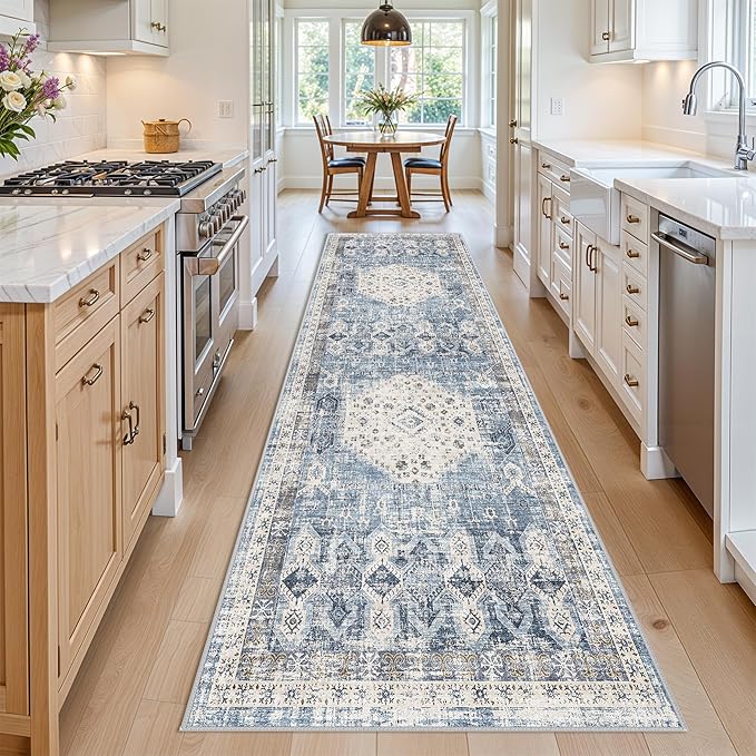 RUUGME Runner Rug 4x12 for Kitchen - Vintage Hallway Entryway Rugs Indoor Wide Non Slip Stain Resistant Carpet for Office Bedroom Ultra Soft Low Pile Home Decor Floor Mat 4'x12' Aqua Blue
