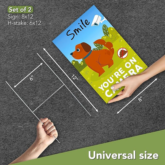 2 PC Smile You're on Camera Signs, 8x12 DS Coroplast No Dog Poop Signs for Yard, Please Curb Your Dog Sign
