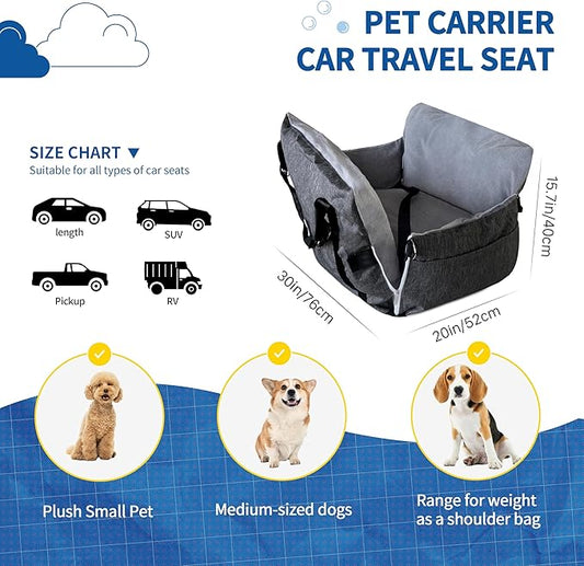 Johnear Dog Car Seat for Medium Dog Under 55 lbs, Winter Warm Pet Booster Seat Pet Travel Car Bed with 2 Pockets Safety Leash，Detachable and Waterproof Dogs Carrier Handbag Plush Seats Cushion Gray