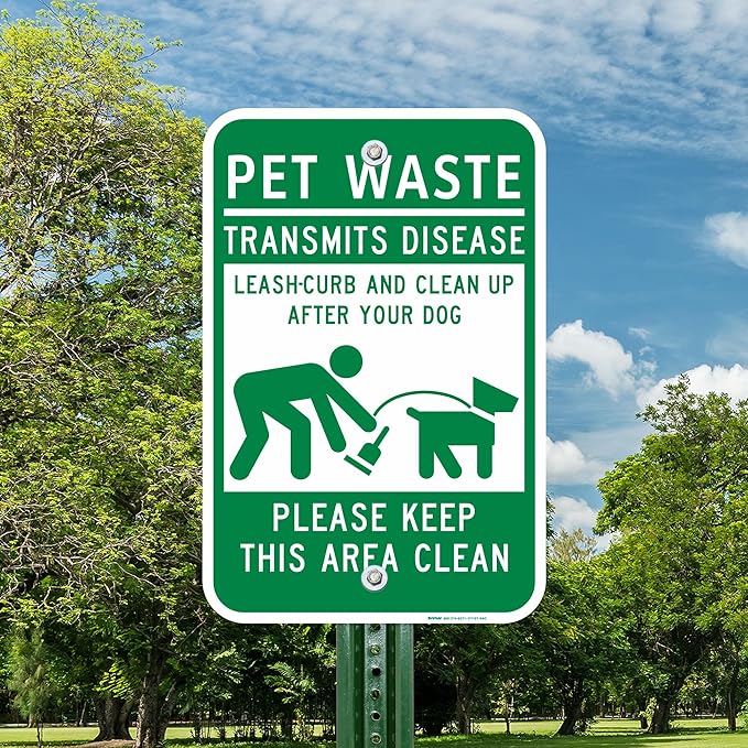 Brimar - 12" x 18" - Clean Up After Your Dog Sign - .063″ White Rust-Free Aluminum - Clean Up Symbol - Easy Installation