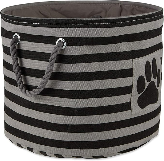 Bone Dry Pet Storage Collection Striped Paw Patch Bin, Black, Small Round