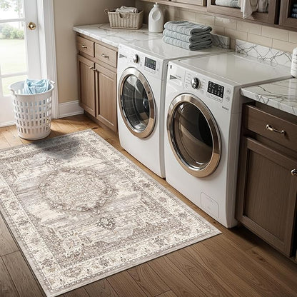 Washable Ktichen Area Rug 3x4: Indoor Runners for Bedroom Bathroom Non-Slip Soft Stain Resistan Carpet for Entryway Laundry Dining Room Vintage Home Decor for Small Living Room Nursery Room(Beige,3x4)