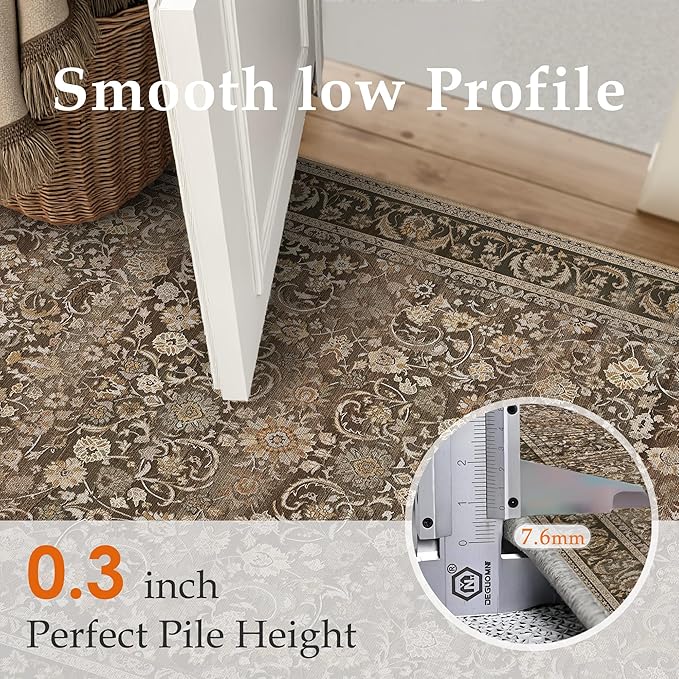 Brown Runner Rug 2x6 Washable Vintage Floral Long Carpet for Hallway Soft Low Pile Non Slip Indoor Accent Rug Retro Distressed Throw Rug for Bathroom Bedroom Laundry Dining Room
