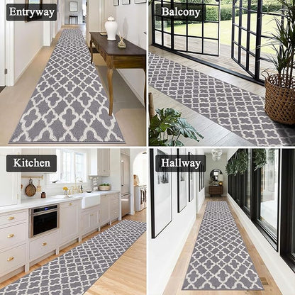 U'Artlines Extra Long Runner Rug for Hallway 2'8" x 12' Non Slip Kitchen Floor Carpet Runners Grey Geometric Pattern Machine Washable Area Rug for Entryway Bathroom